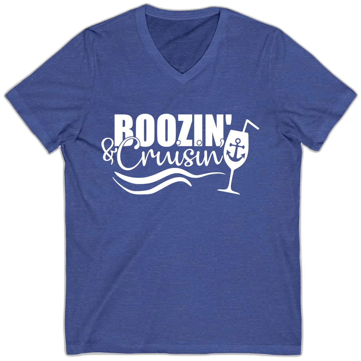 Boozin' & Cruising Nautical Design V-Neck in Heather True Royal