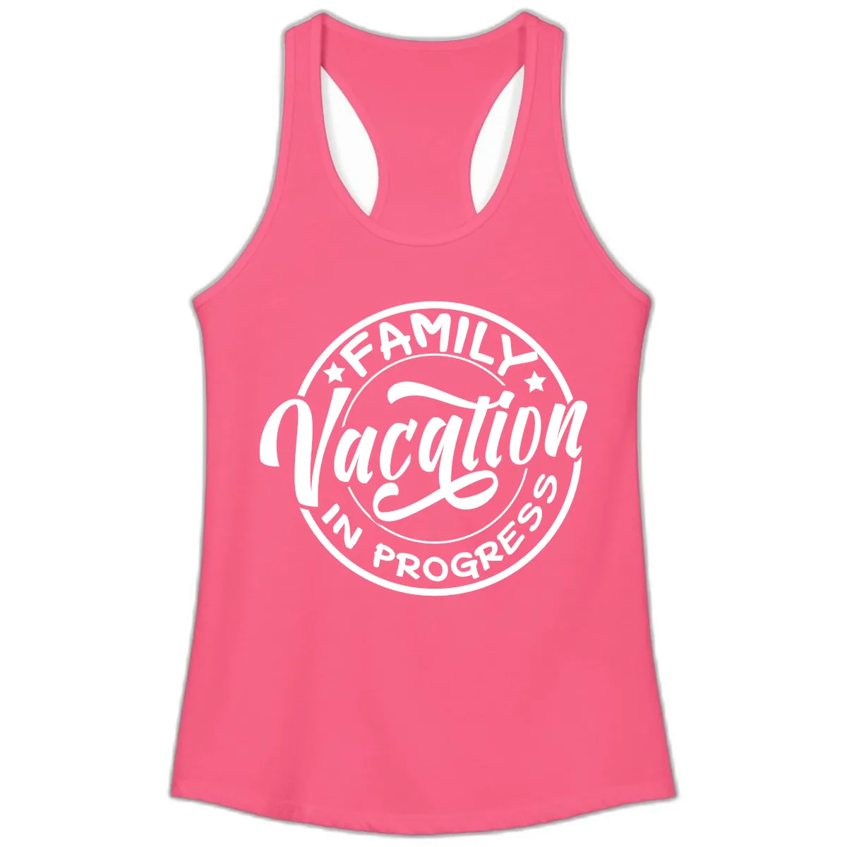 Family Vacation Badge Ladies Tank in Solid Hot Pink