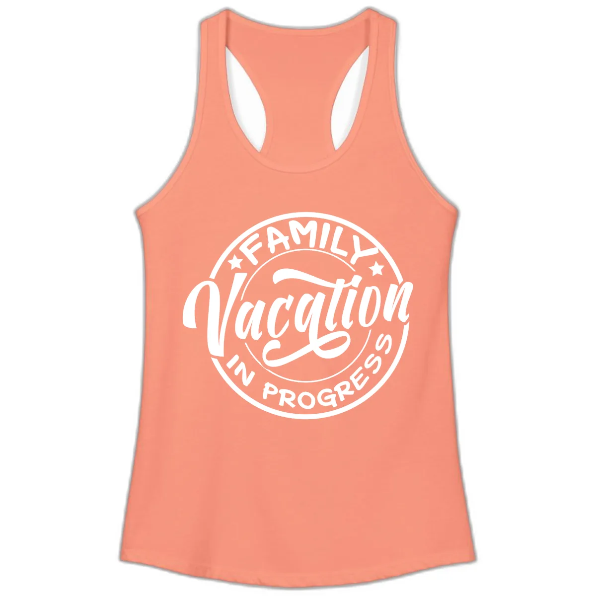 Family Vacation Badge Ladies Tank in Solid Light Orange