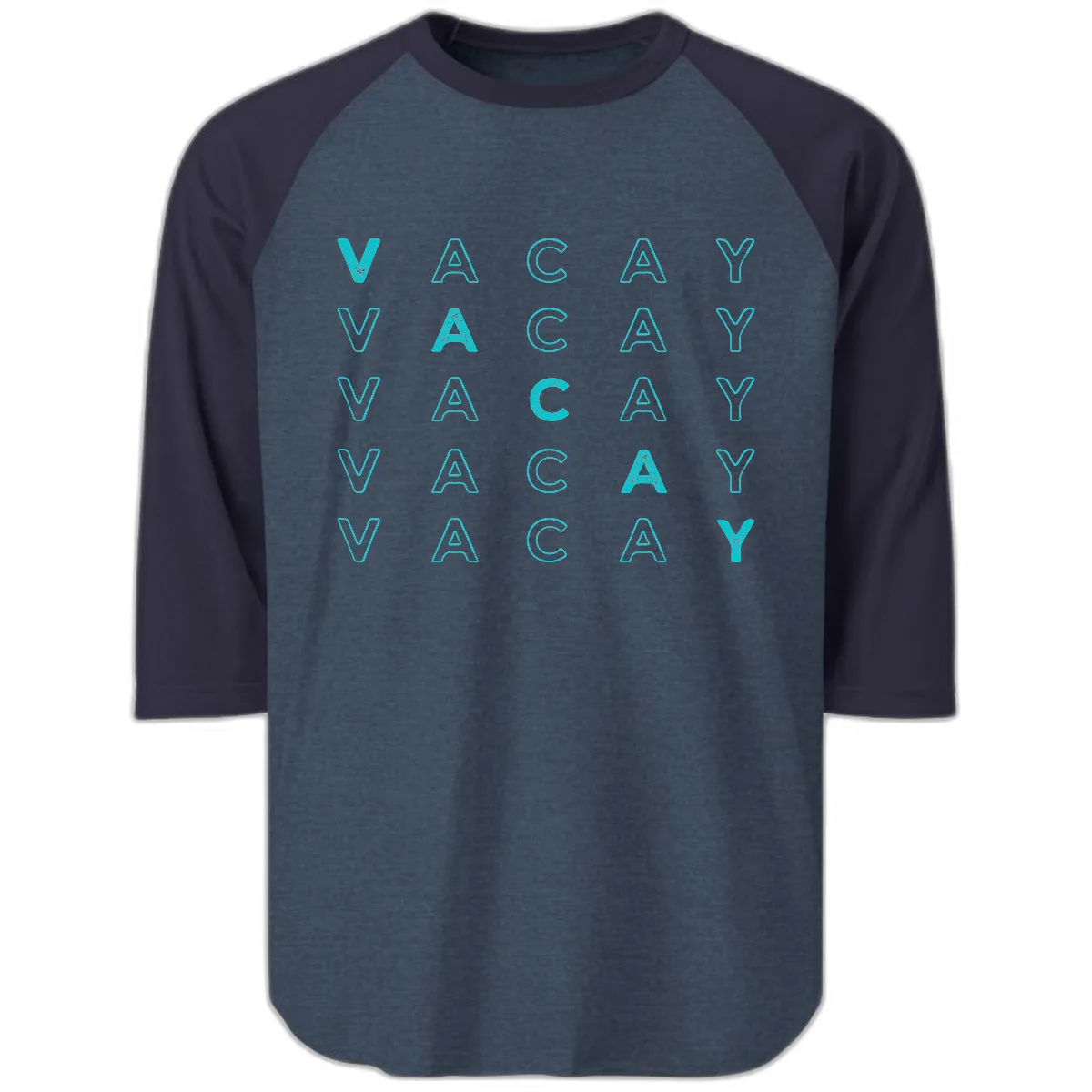 Vacay Repeat Pattern Raglan 3/4 in Heather Denim Navy