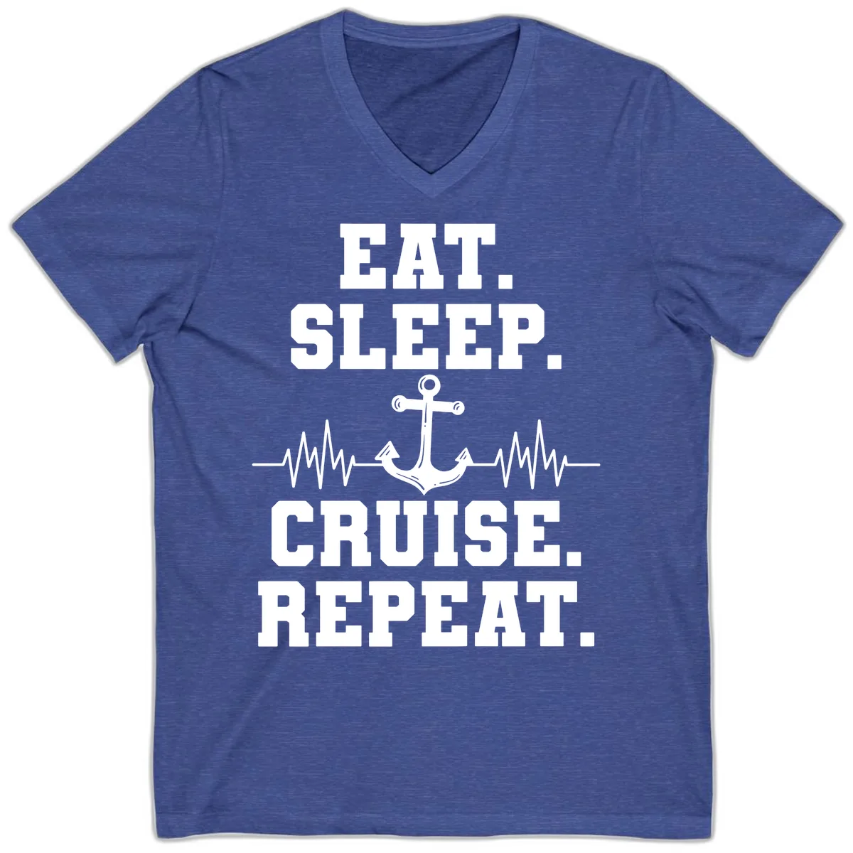 Eat Sleep Cruise Repeat Anchor V-Neck in Heather True Royal