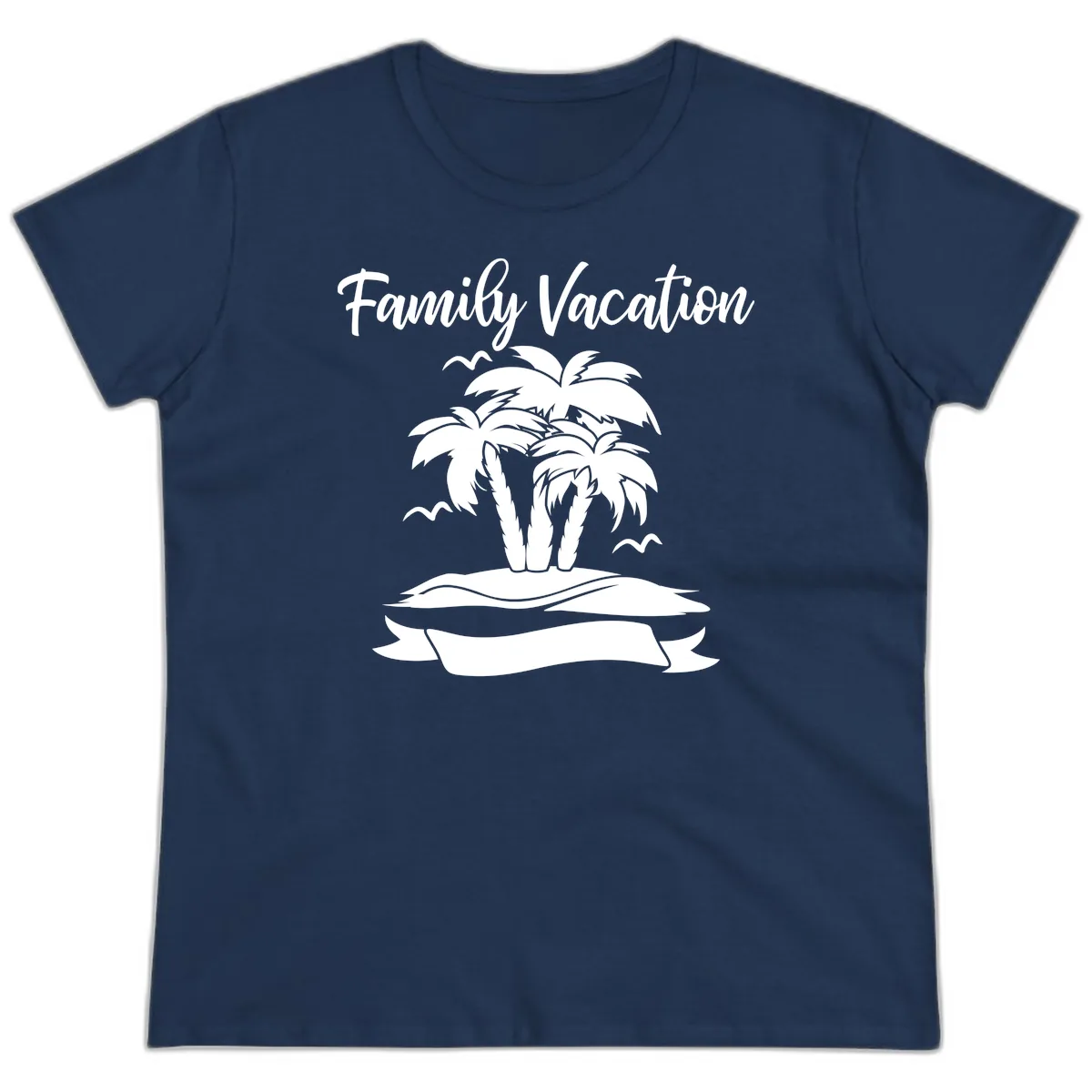 Family Vacation Palm Tree Island Ladies Tee in Navy