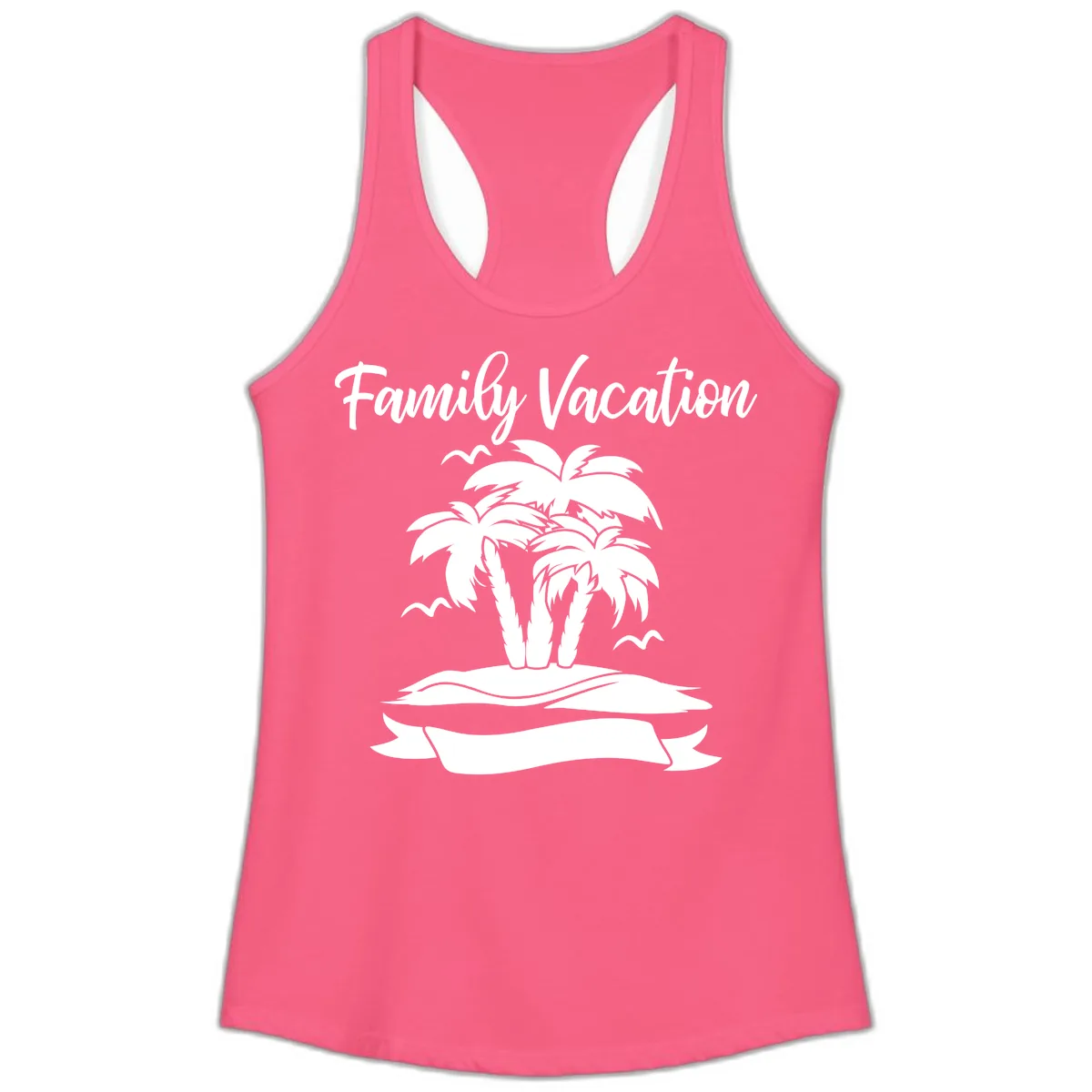 Family Vacation Palm Tree Island Ladies Tank in Solid Hot Pink
