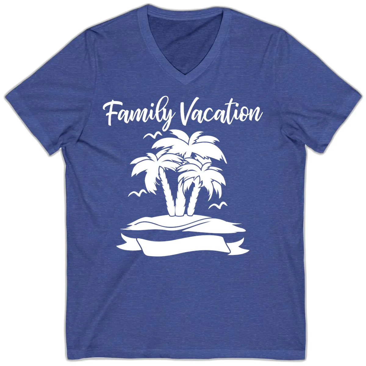 Family Vacation Palm Tree Island V-Neck in Heather True Royal