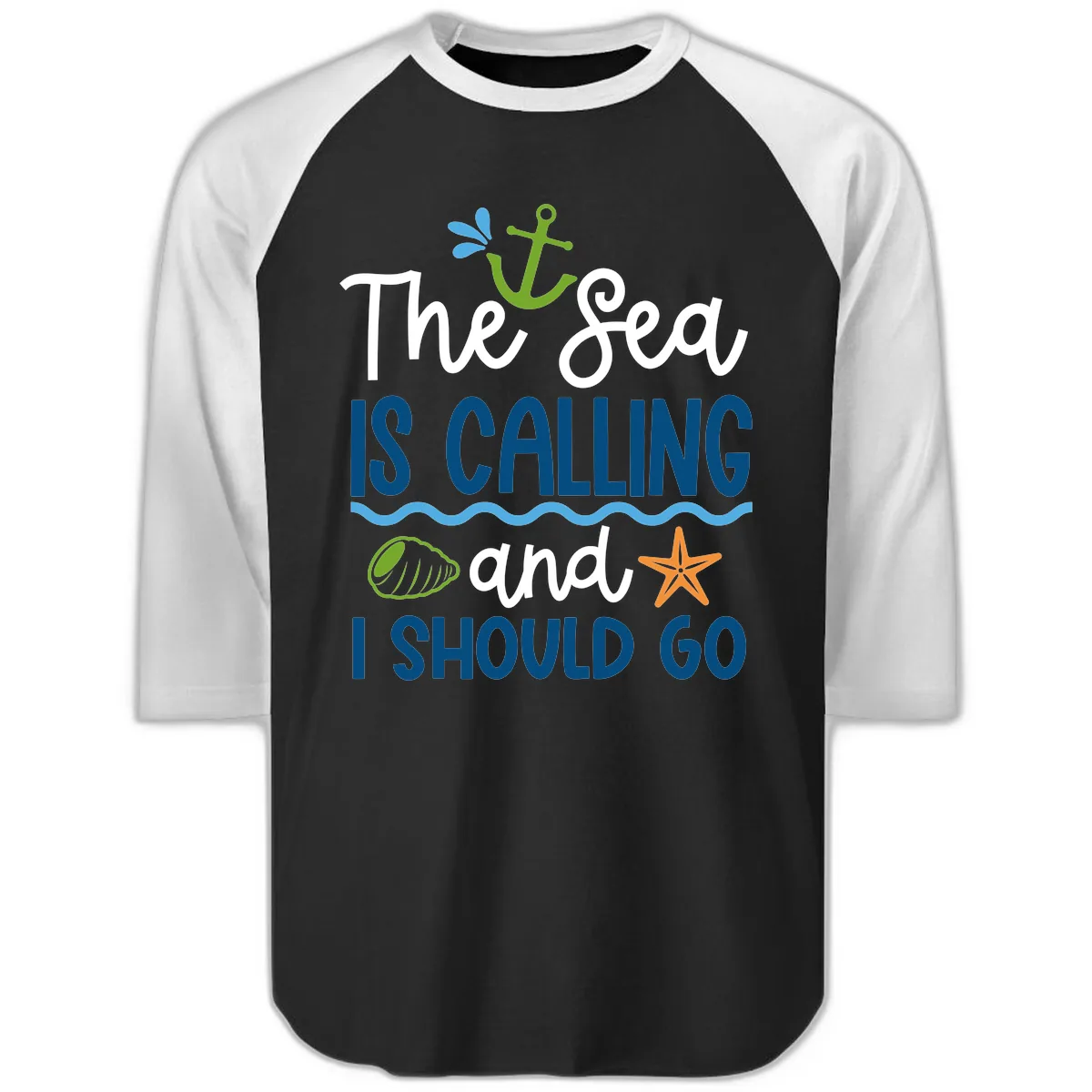 The Sea Is Calling Raglan 3/4 in Black White