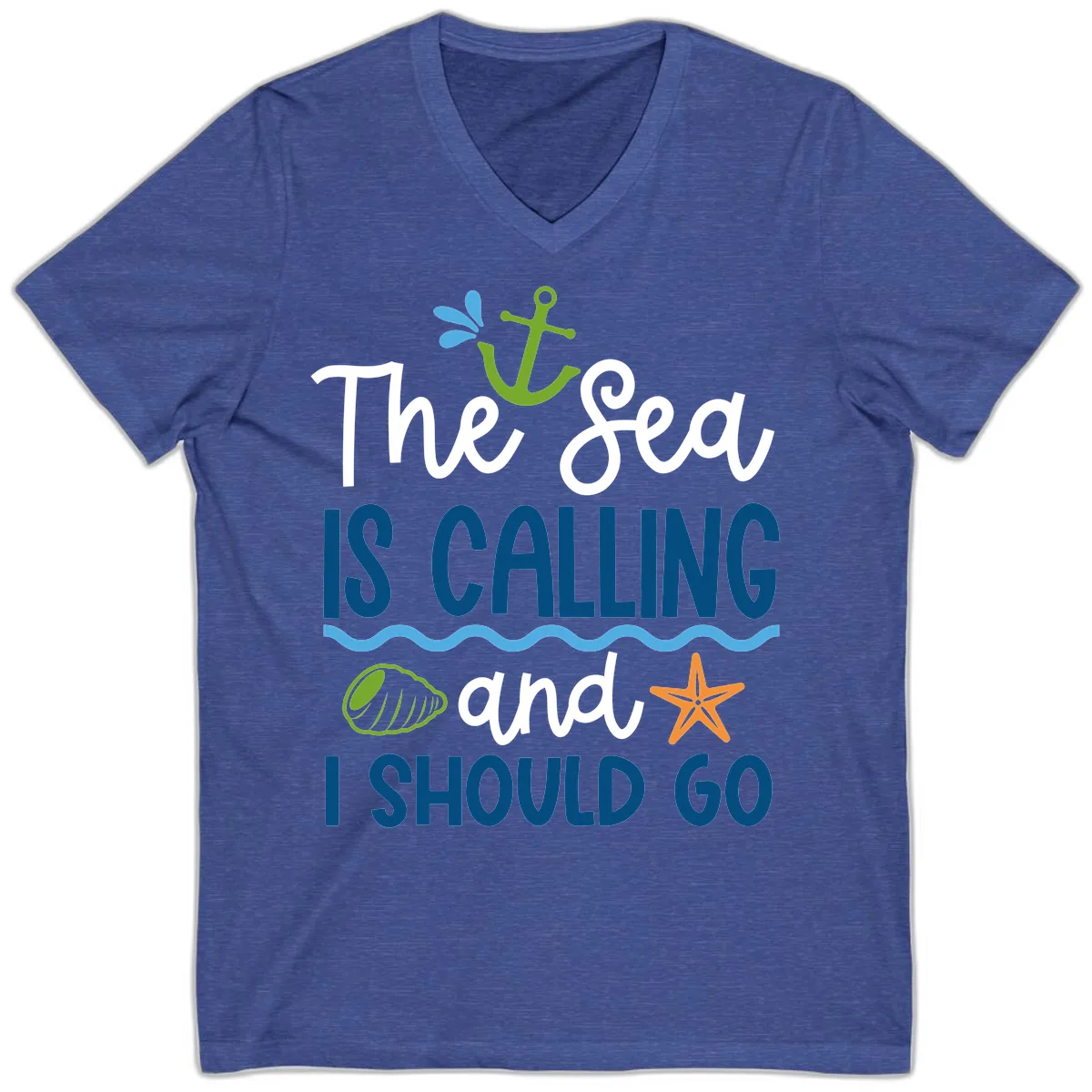 The Sea Is Calling V-Neck in Heather True Royal