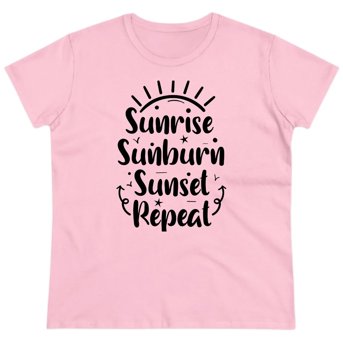 Sunrise Sunburn Sunset Repeat Ladies Tee in Light Pink