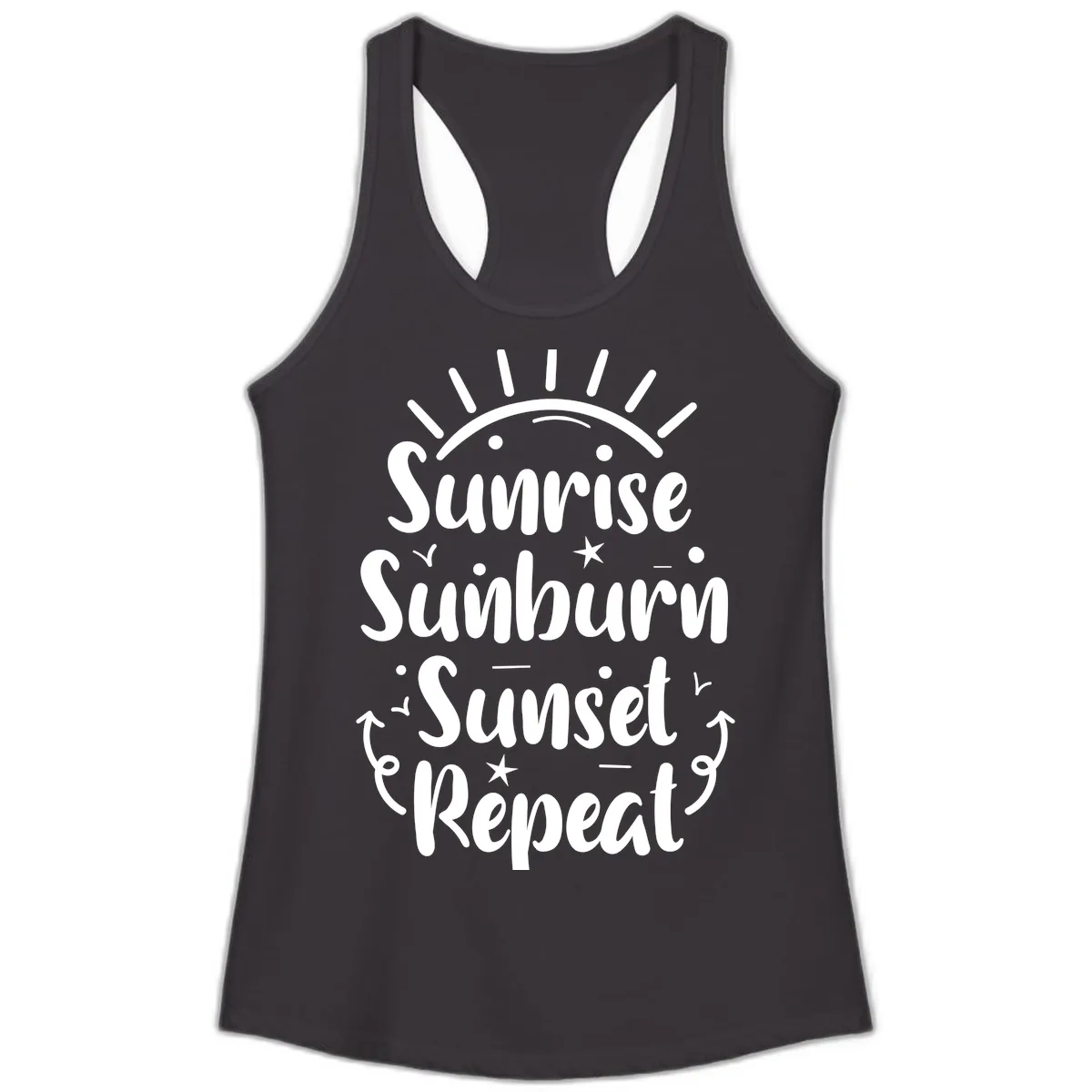 Sunrise Sunburn Sunset Repeat Ladies Tank in Black
