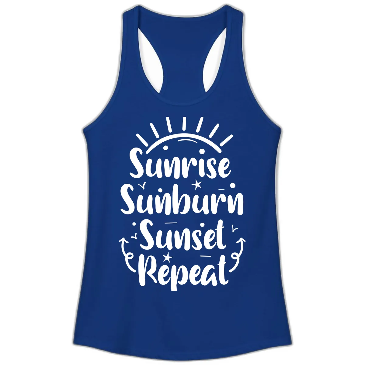 Sunrise Sunburn Sunset Repeat Ladies Tank in Solid Royal