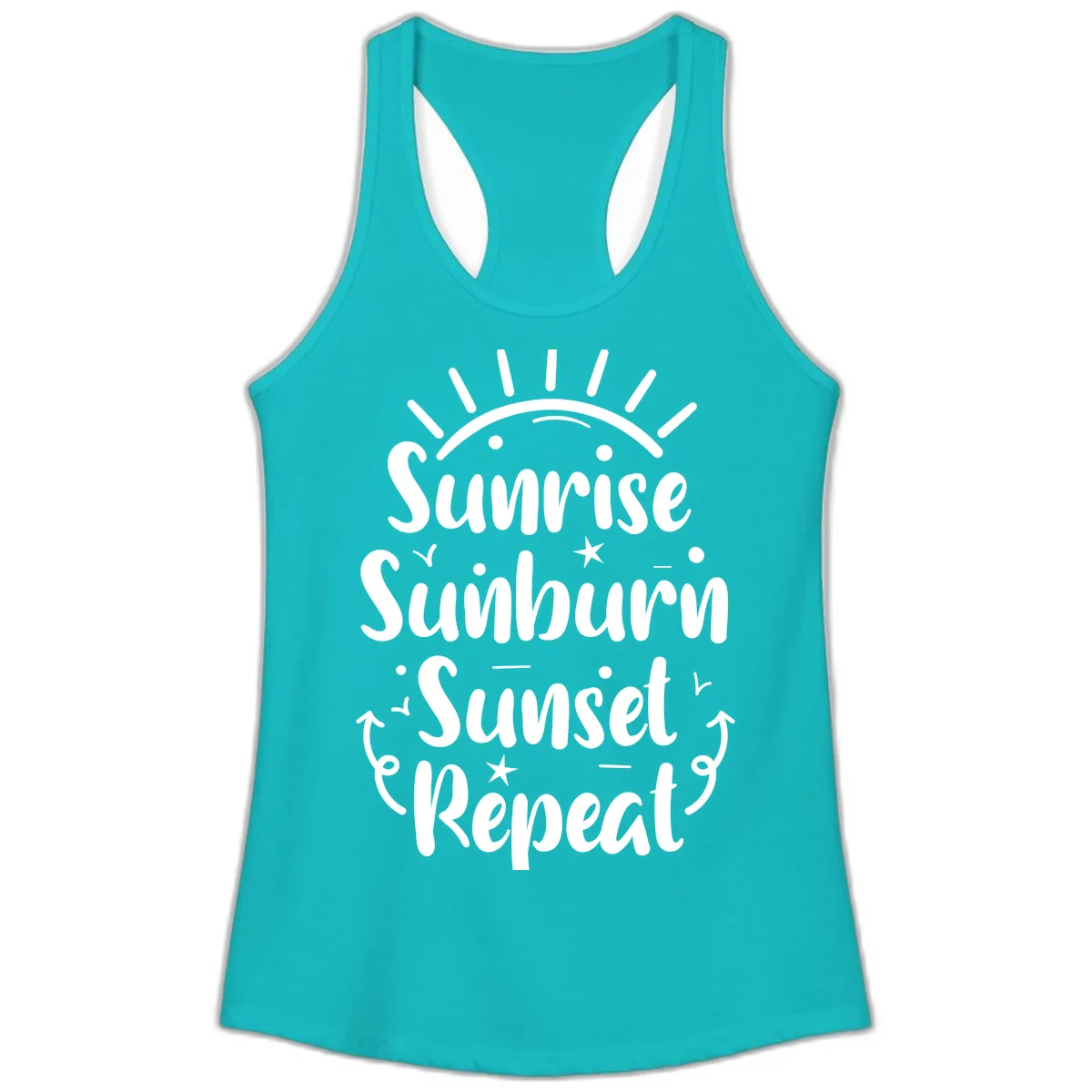 Sunrise Sunburn Sunset Repeat Ladies Tank in Tahiti Blue