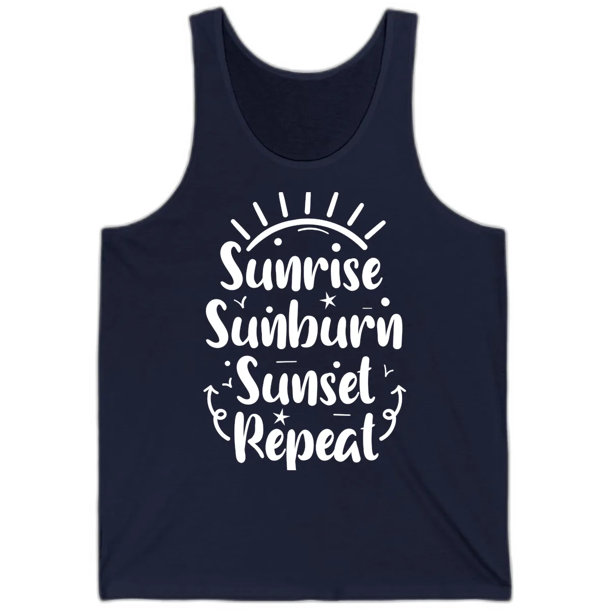 Sunrise Sunburn Sunset Repeat Tank in Navy