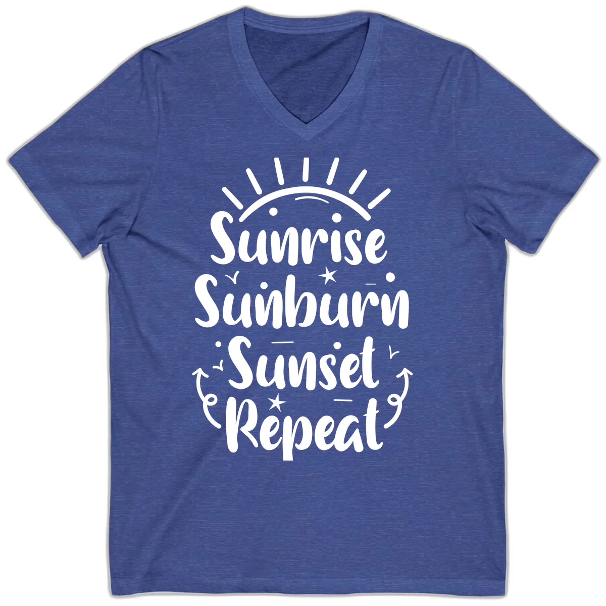 Sunrise Sunburn Sunset Repeat V-Neck in Heather True Royal