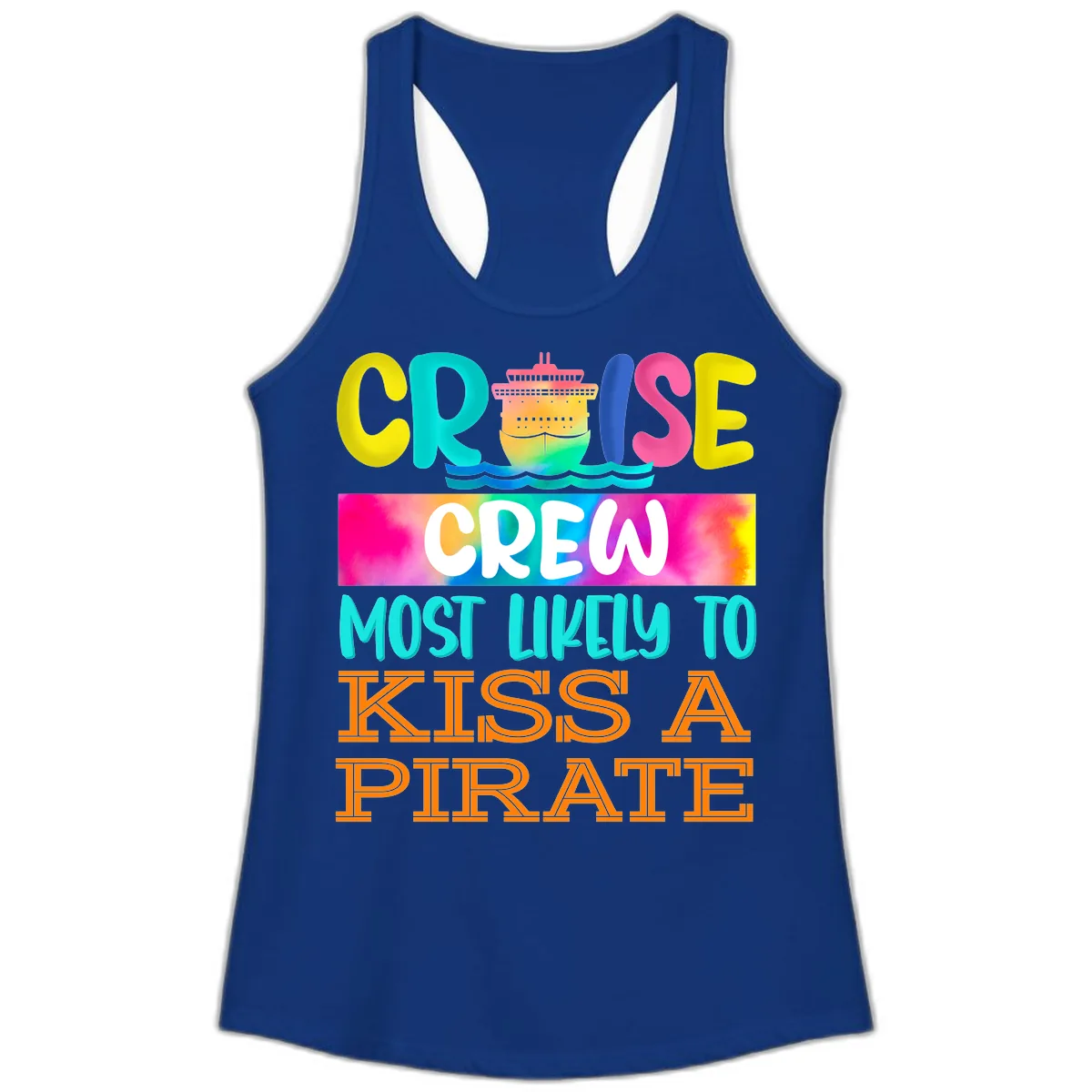 Cruise Crew Most Likely To Kiss A Pirate Ladies Tank in Solid Royal