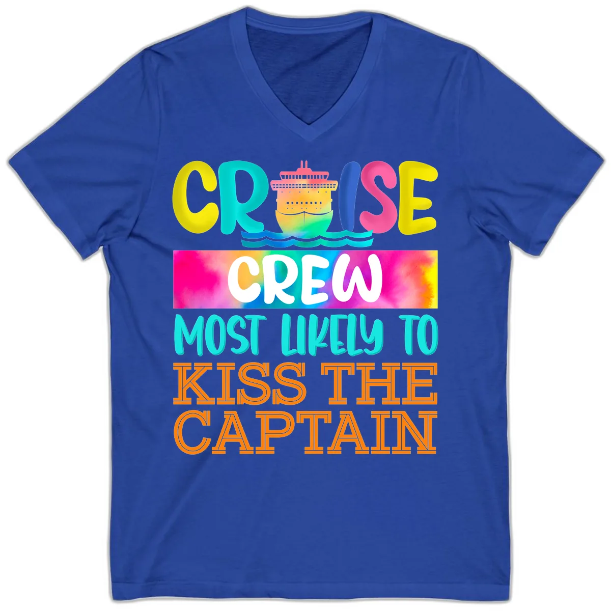Cruise Crew Most Likely To Kiss The Captain V-Neck in True Royal