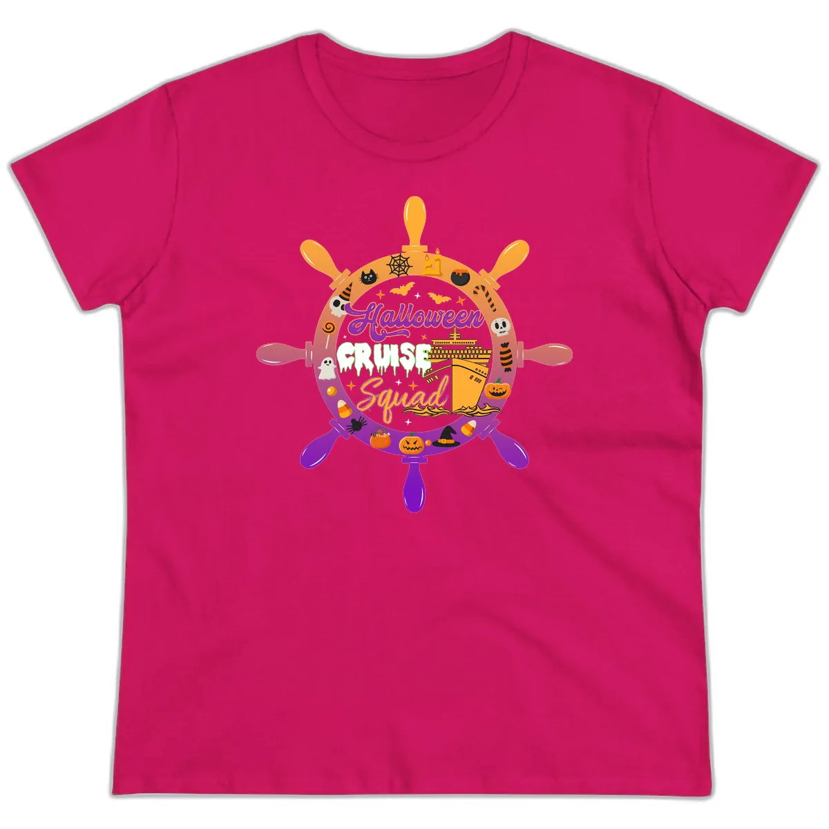 Halloween Cruise Squad Ship Wheel Ladies Tee in Heliconia