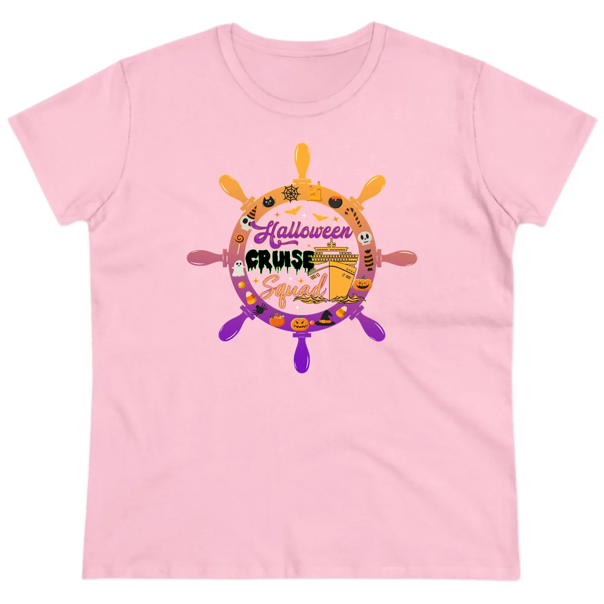 Halloween Cruise Squad Ship Wheel Ladies Tee in Light Pink