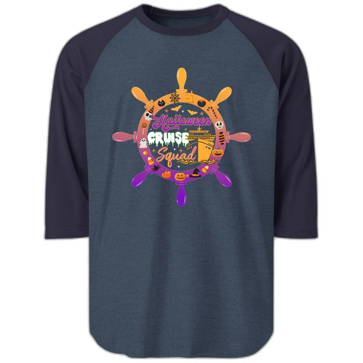 Halloween Cruise Squad Ship Wheel Raglan 3/4 in Heather Denim Navy
