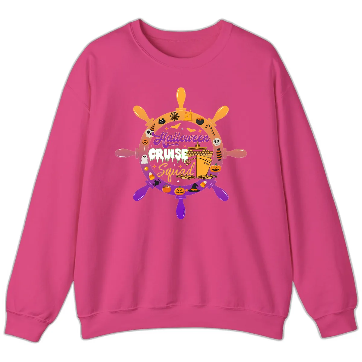 Halloween Cruise Squad Ship Wheel Sweatshirt in Heliconia