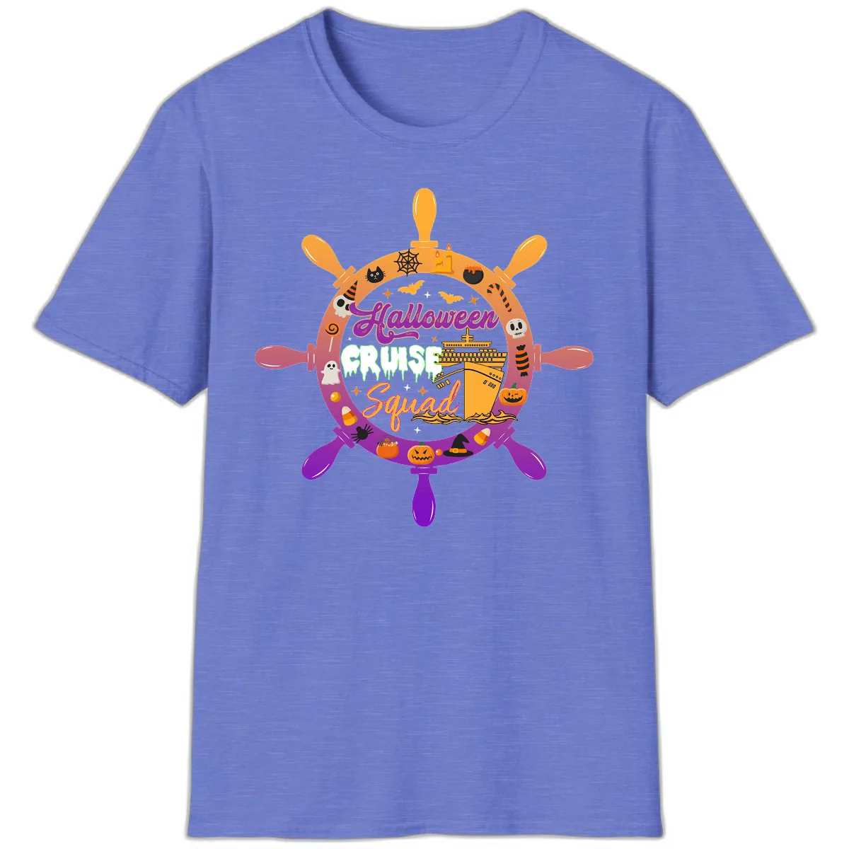 Halloween Cruise Squad Ship Wheel T-Shirt in Heather Royal