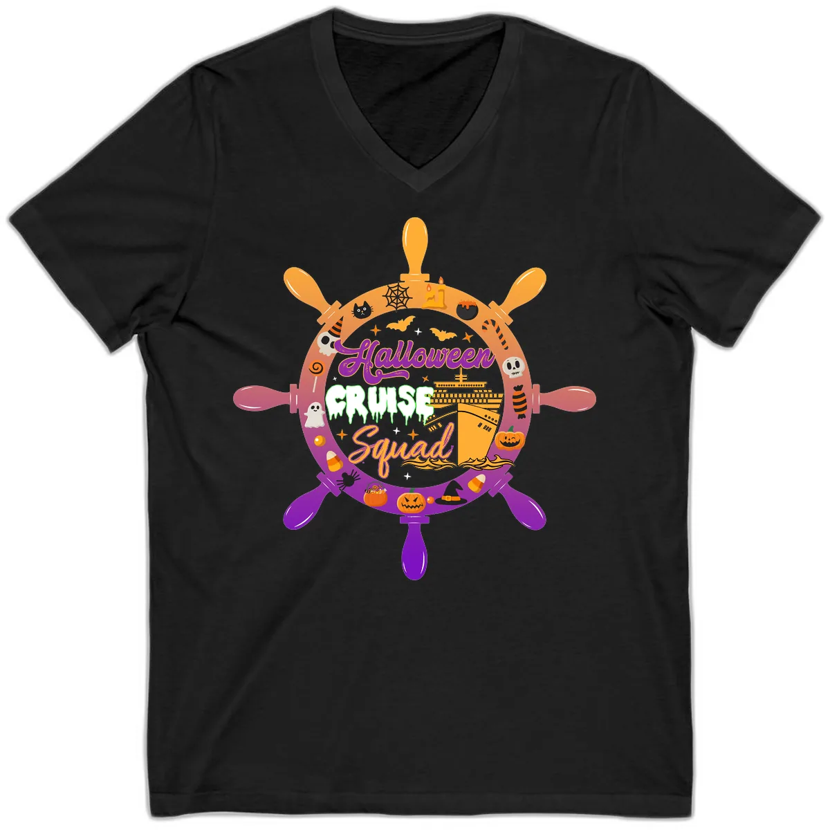 Halloween Cruise Squad Ship Wheel V-Neck in Black