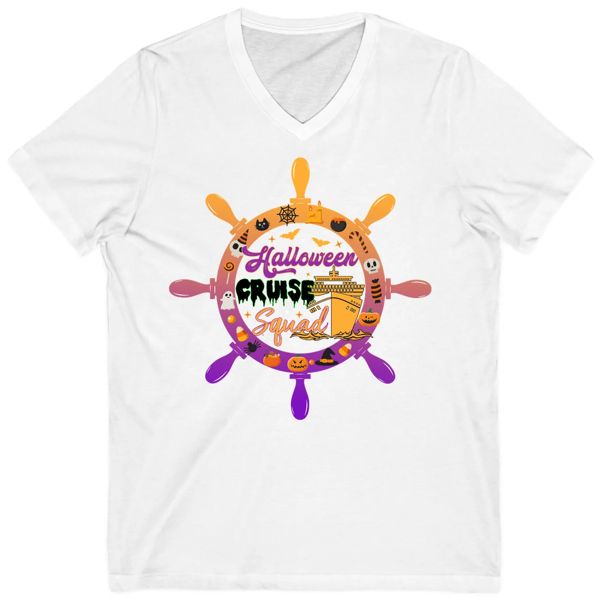 Halloween Cruise Squad Ship Wheel V-Neck in White