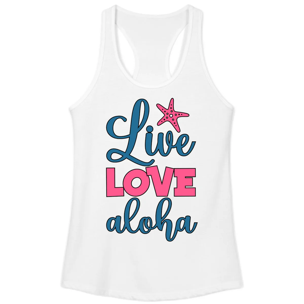 Live Life Aloha Starfish Ladies Tank in White