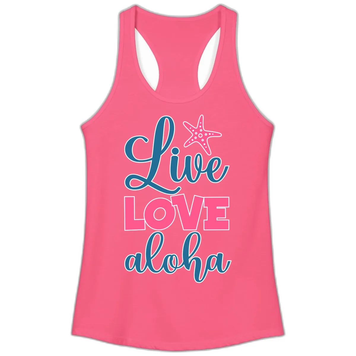 Live Life Aloha Starfish Ladies Tank in Solid Hot Pink