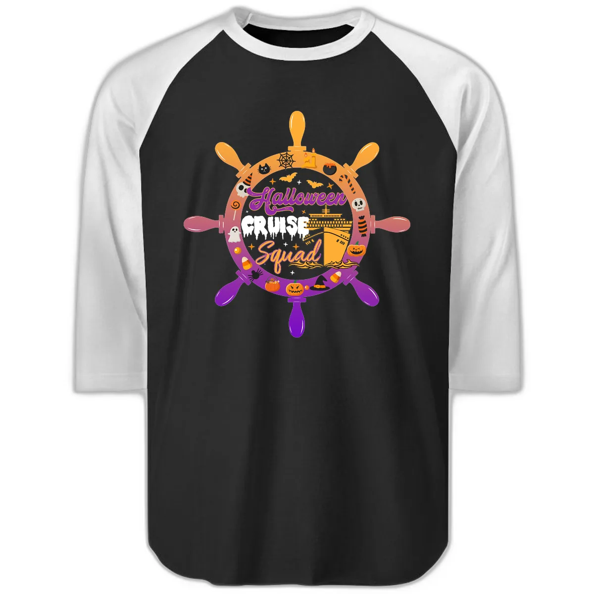 Halloween Cruise Squad Raglan 3/4 in Black White