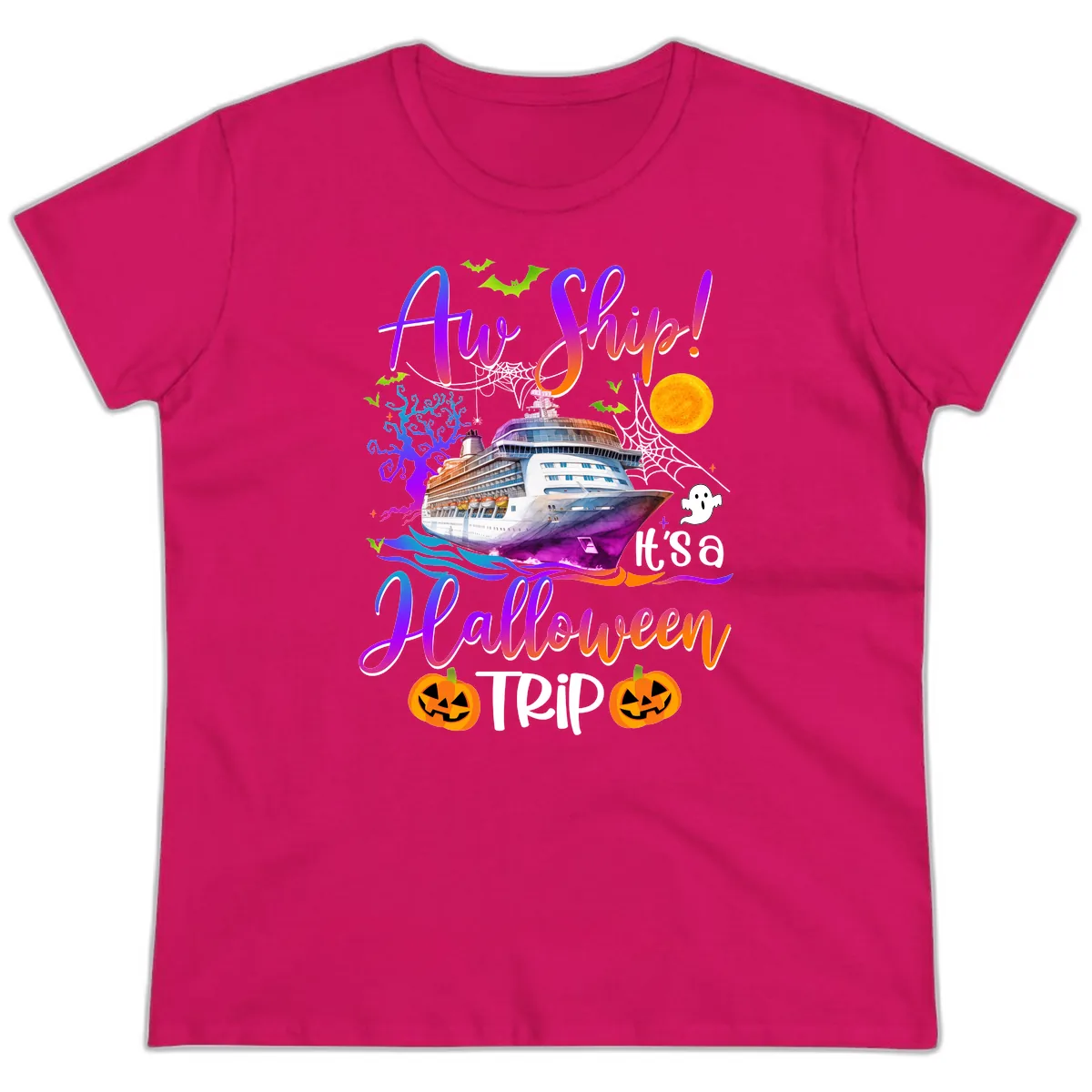 Ahoy Ship It's A Halloween Trip Ladies Tee in Heliconia