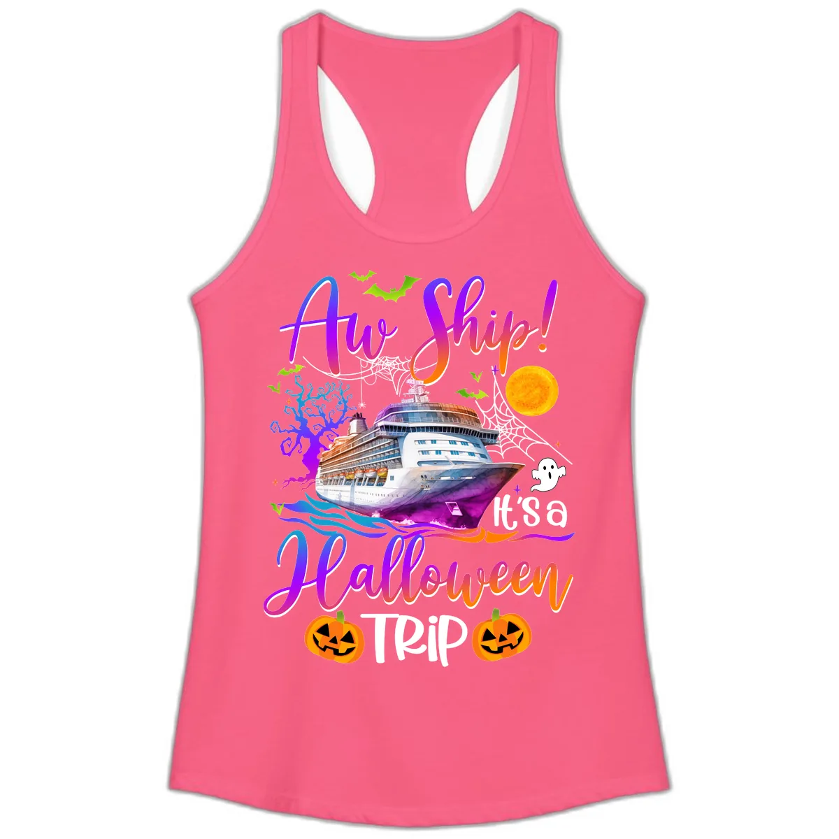 Ahoy Ship It's A Halloween Trip Ladies Tank in Solid Hot Pink
