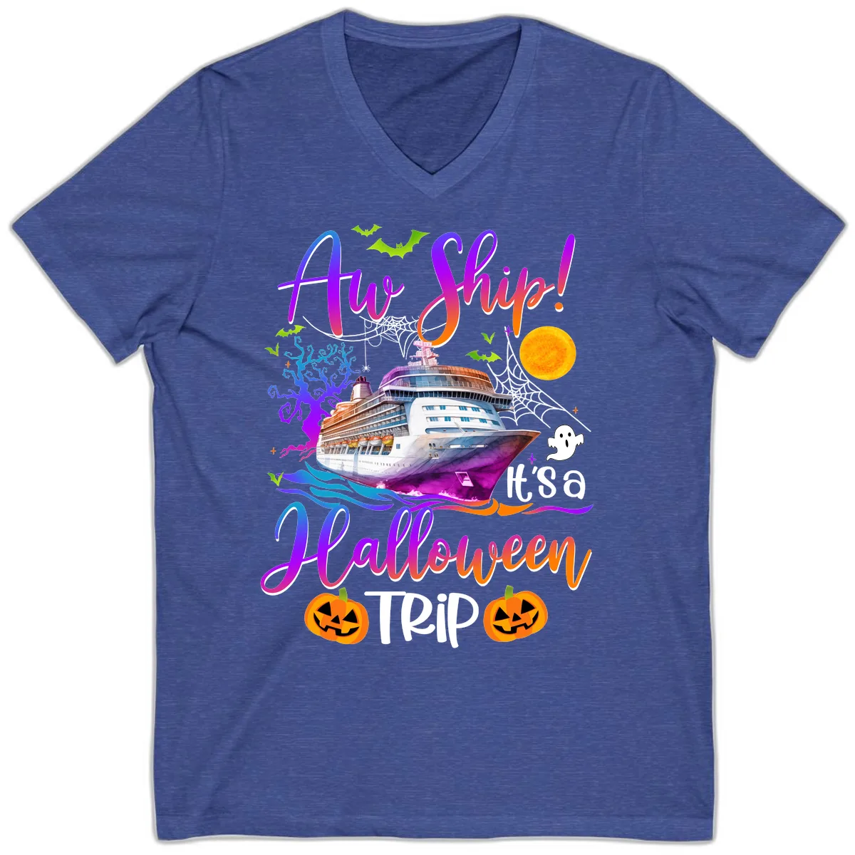 Ahoy Ship It's A Halloween Trip V-Neck in Heather True Royal