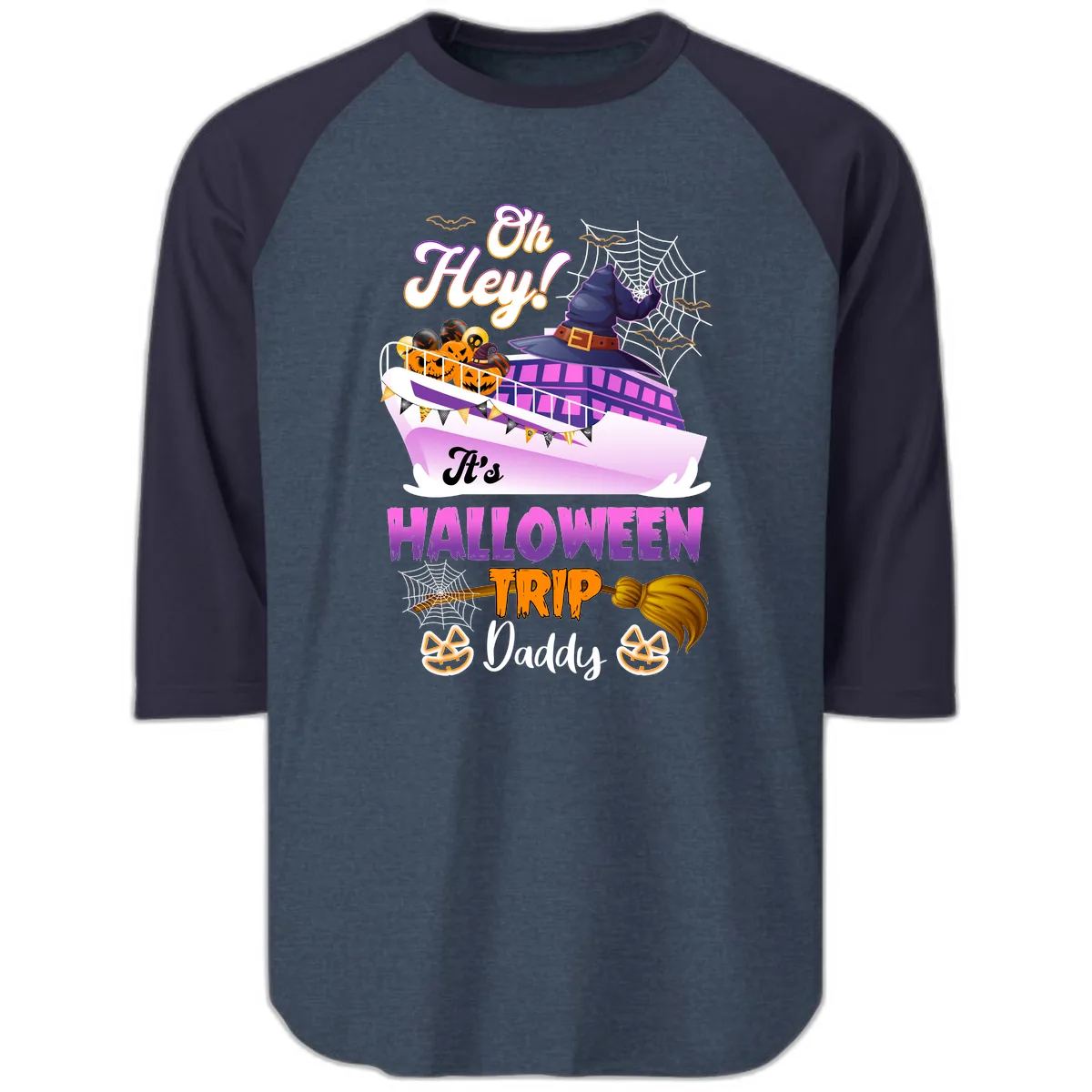 Oh Hey It's Halloween Trip Daddy Raglan 3/4 in Heather Denim Navy