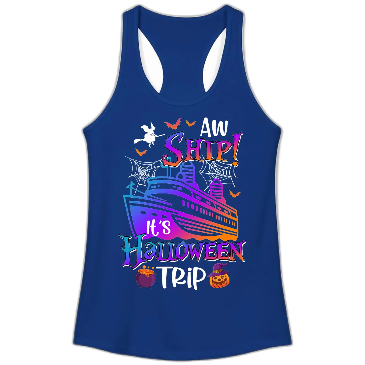 Aw Ship It's Halloween Trip Ladies Tank in Solid Royal