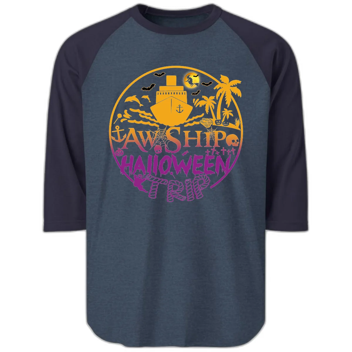 Ship Halloween Cruise Raglan 3/4 in Heather Denim Navy