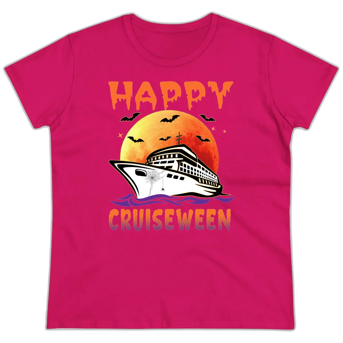 Happy Cruiseween Ladies Tee in Heliconia