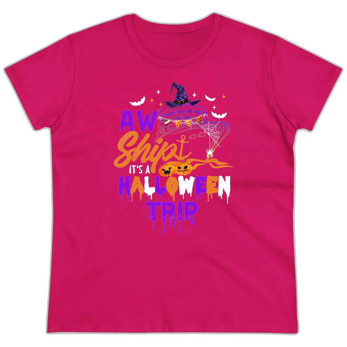 Aw Shiver Me Halloween Trip Ladies Tee in Heliconia