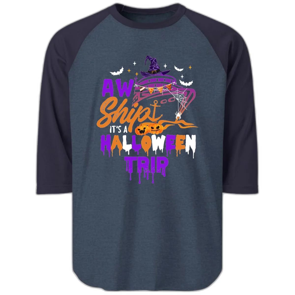 Aw Shiver Me Halloween Trip Raglan 3/4 in Heather Denim Navy