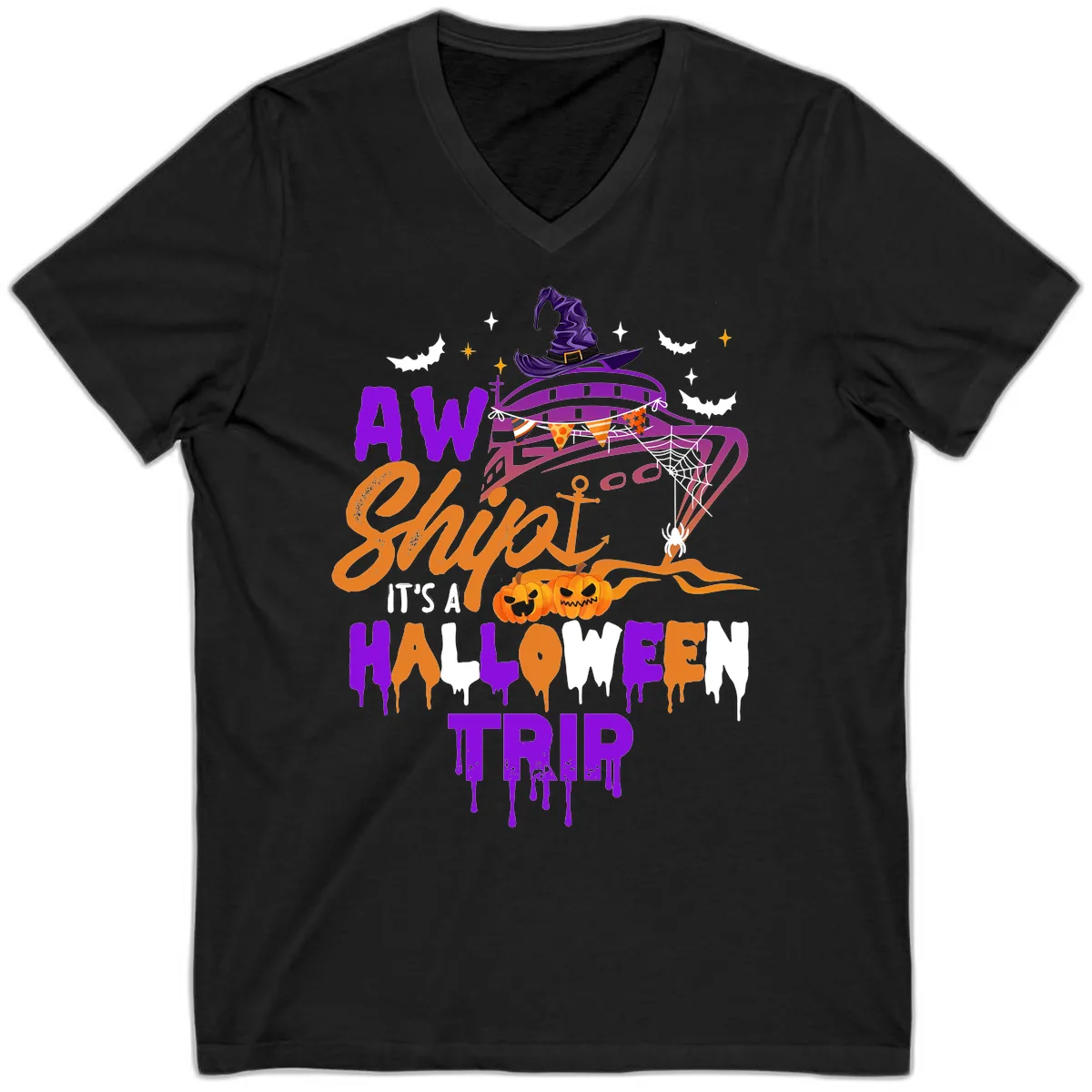 Aw Shiver Me Halloween Trip V-Neck in Black