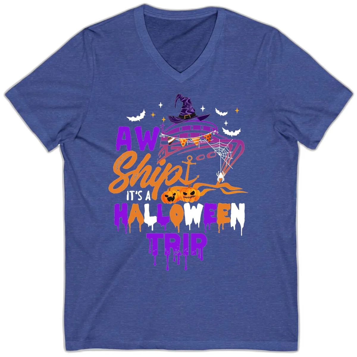 Aw Shiver Me Halloween Trip V-Neck in Heather True Royal