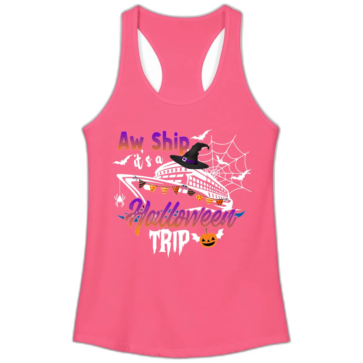 Aw Ship It's a Halloween Cruise Trip Ladies Tank in Solid Hot Pink