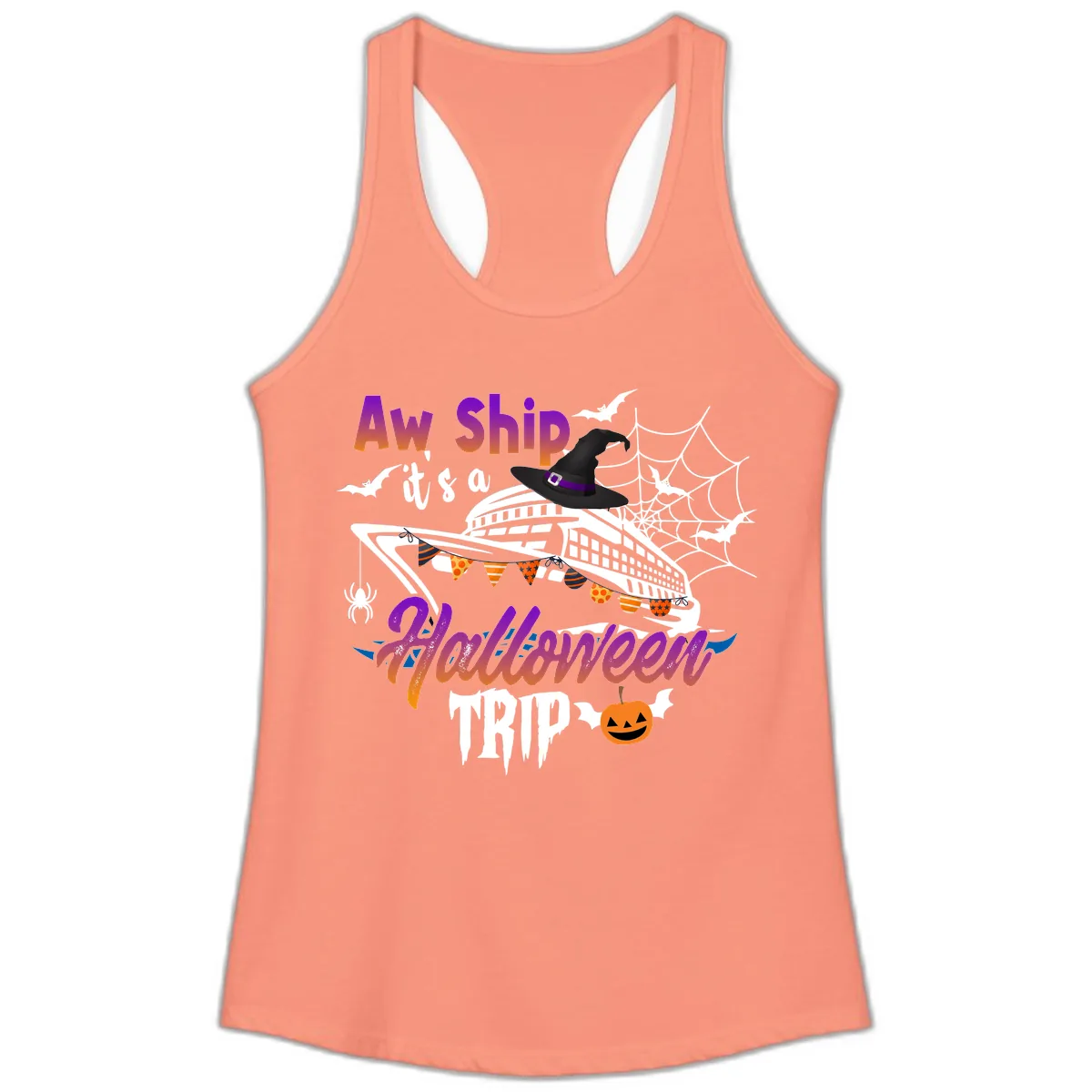 Aw Ship It's a Halloween Cruise Trip Ladies Tank in Solid Light Orange