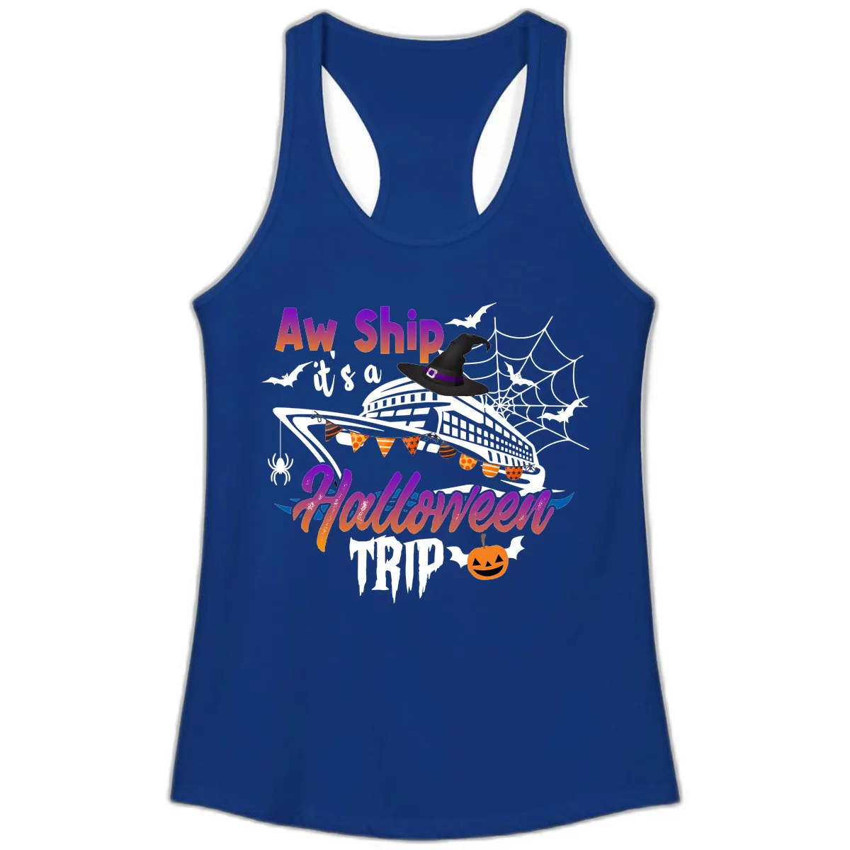 Aw Ship It's a Halloween Cruise Trip Ladies Tank in Solid Royal