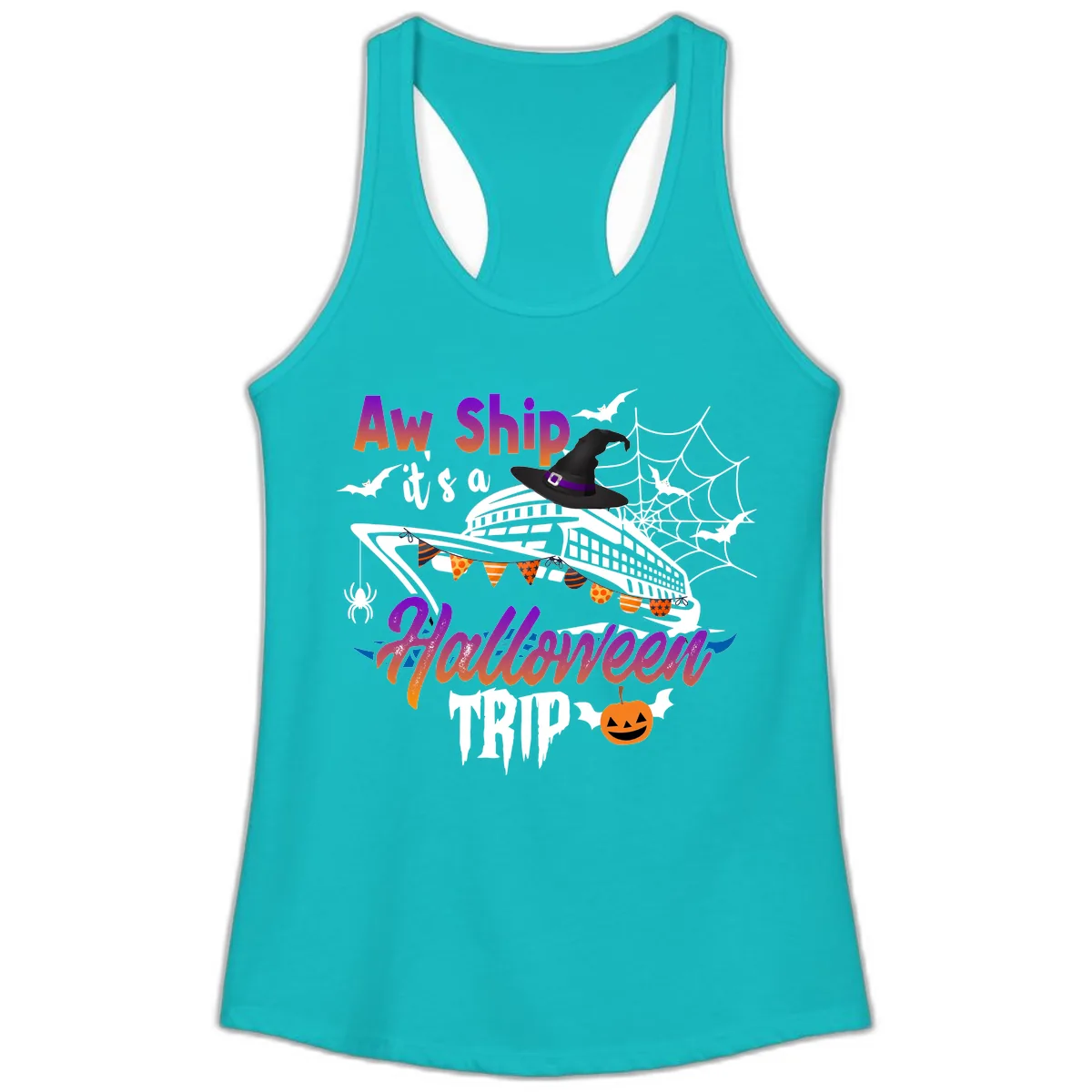 Aw Ship It's a Halloween Cruise Trip Ladies Tank in Tahiti Blue