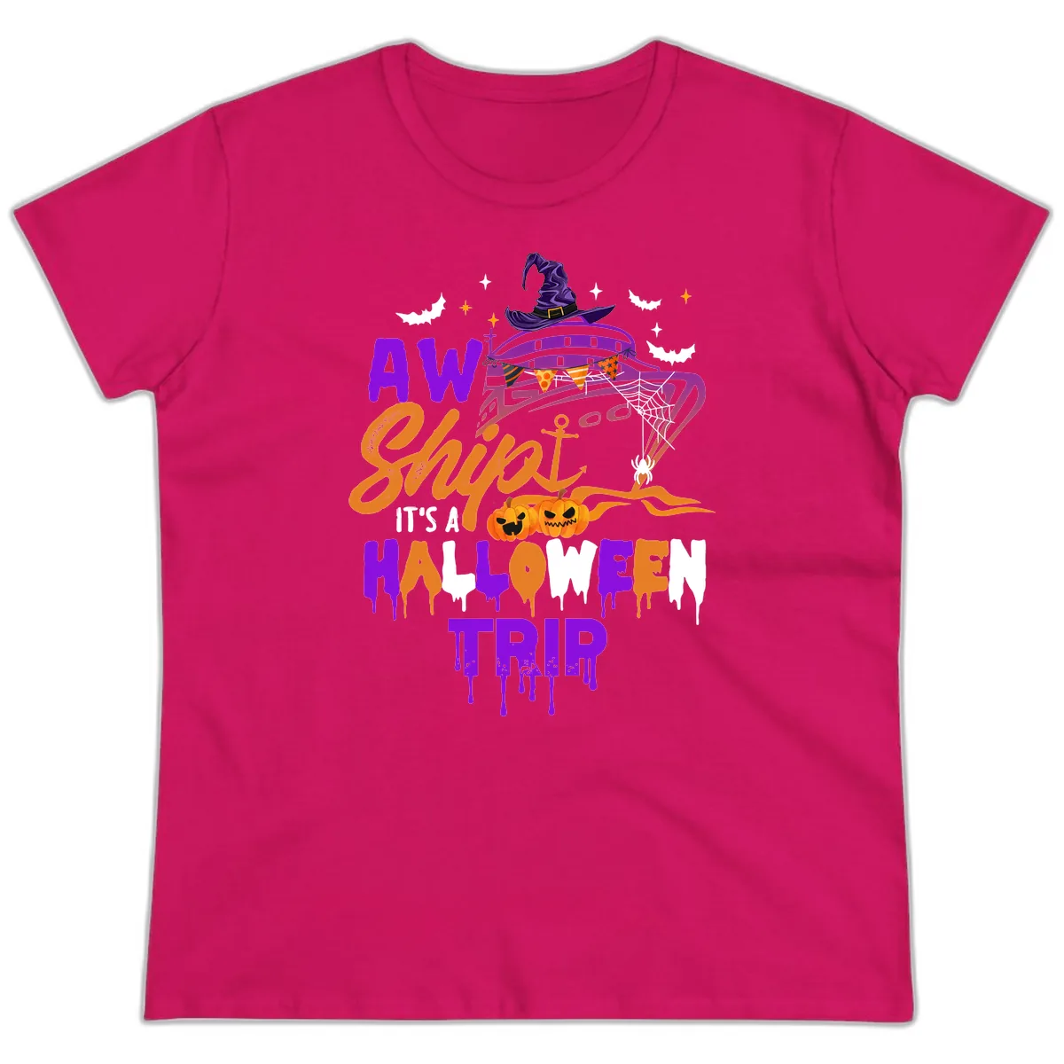 Aw Shiver Me Halloween Trip Ladies Tee in Heliconia