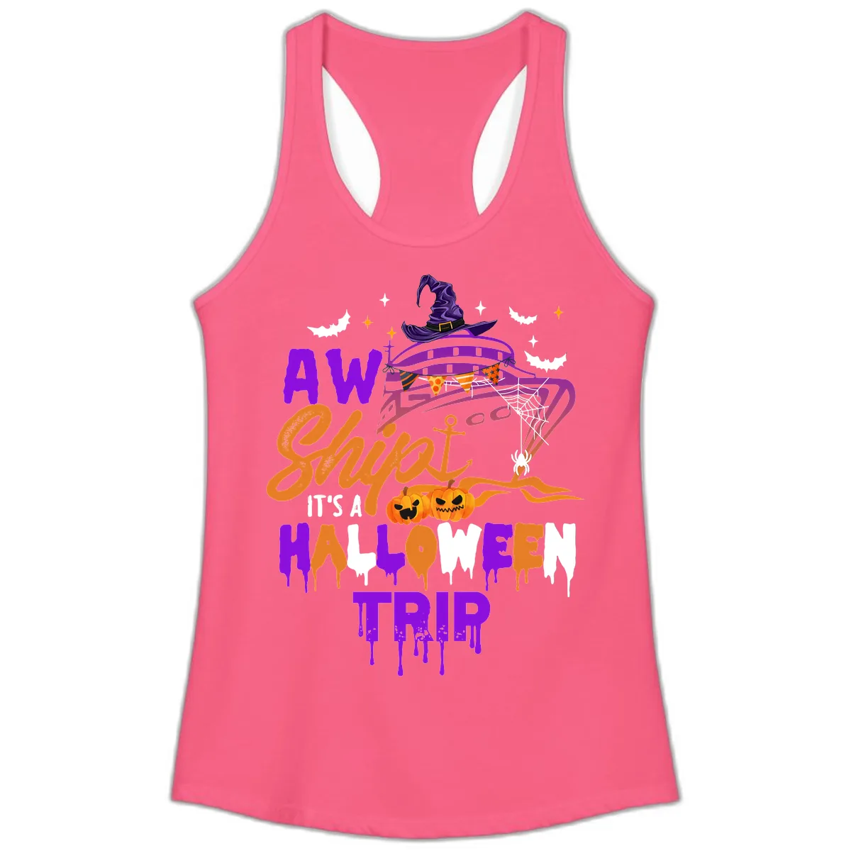 Aw Shiver Me Halloween Trip Ladies Tank in Solid Hot Pink
