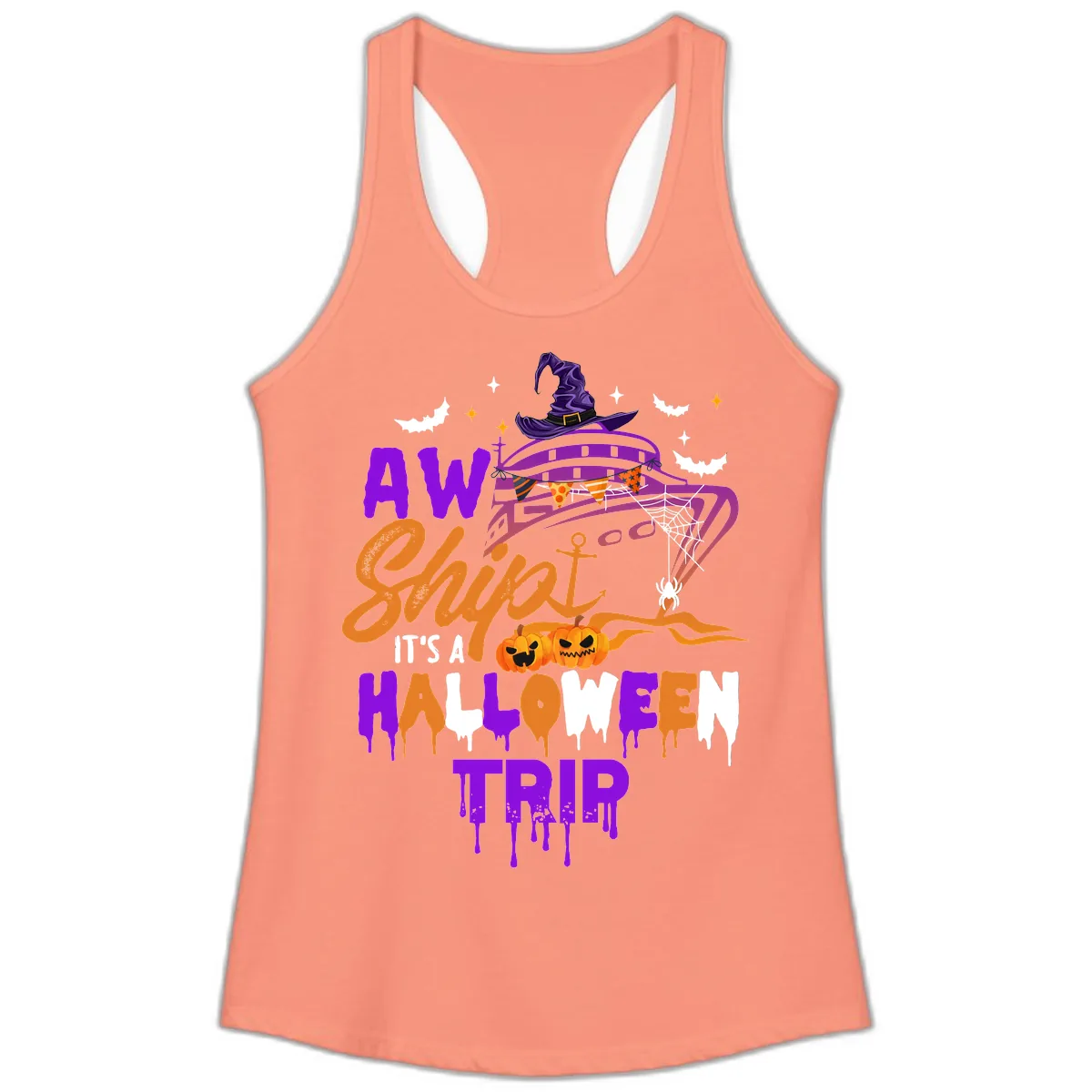 Aw Shiver Me Halloween Trip Ladies Tank in Solid Light Orange