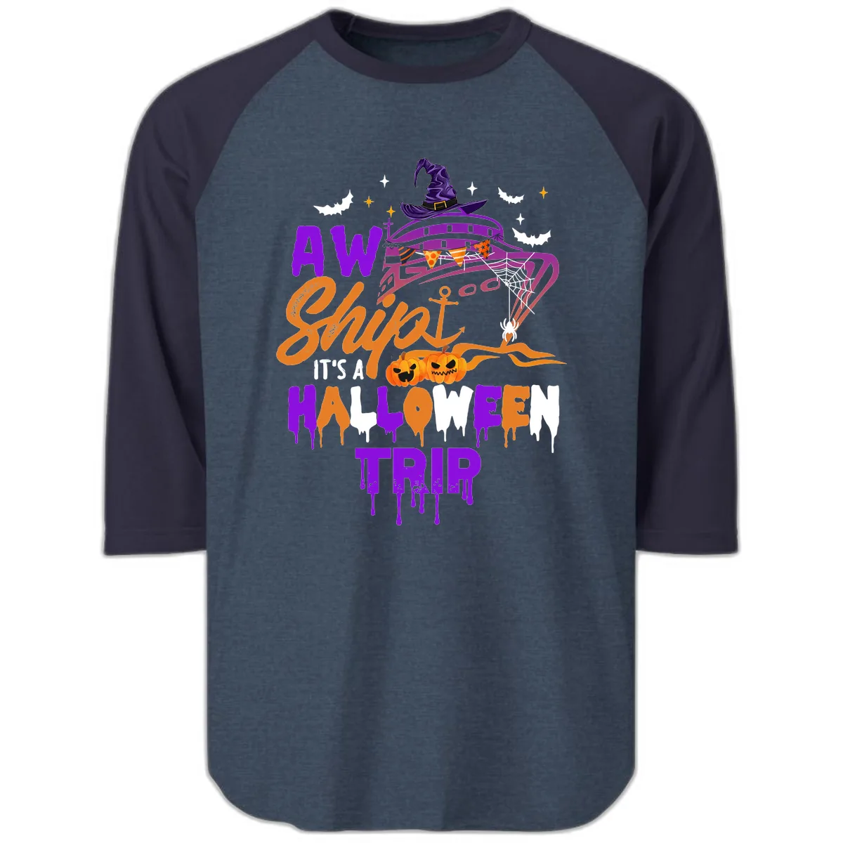 Aw Shiver Me Halloween Trip Raglan 3/4 in Heather Denim Navy