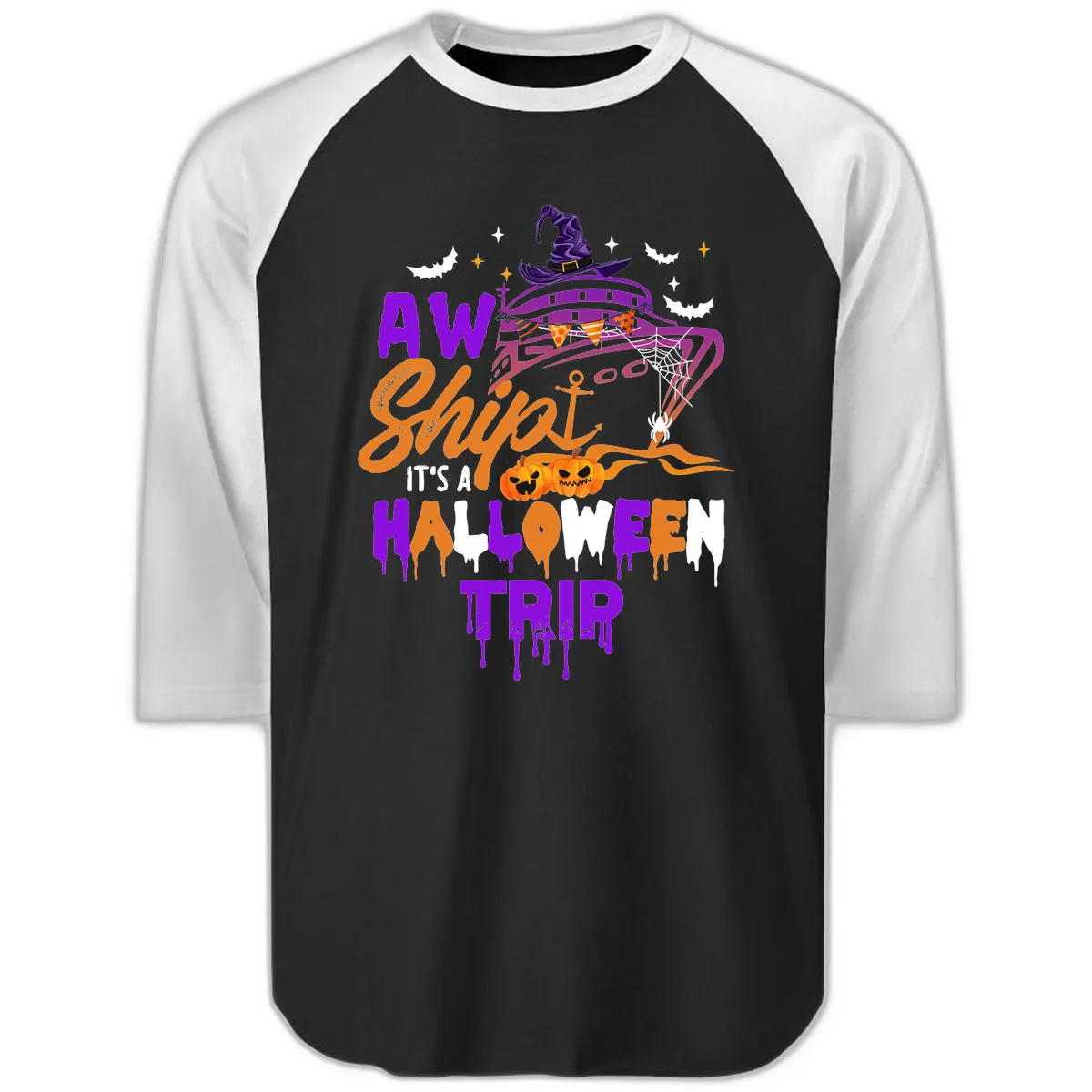 Aw Shiver Me Halloween Trip Raglan 3/4 in Black White