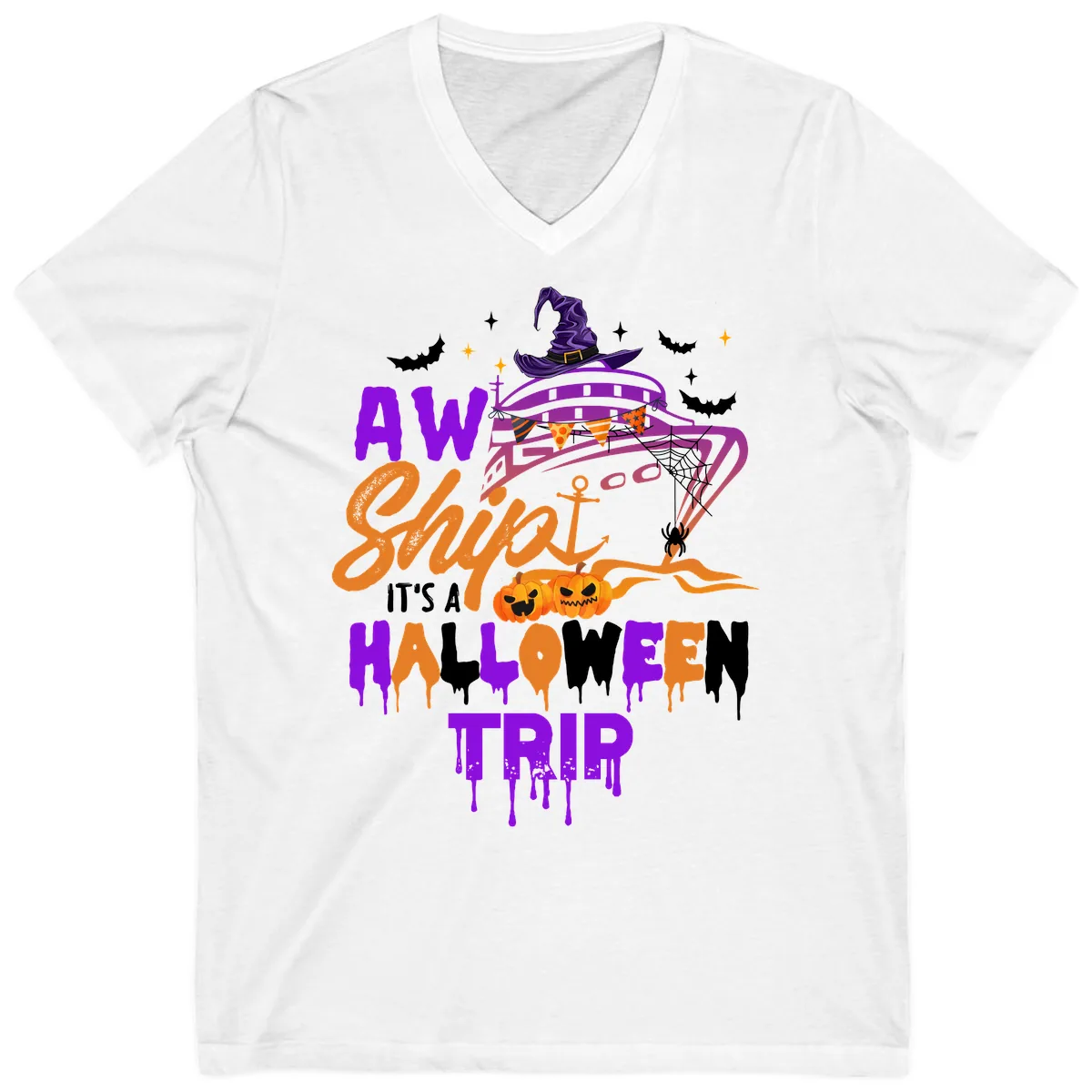 Aw Shiver Me Halloween Trip V-Neck in White