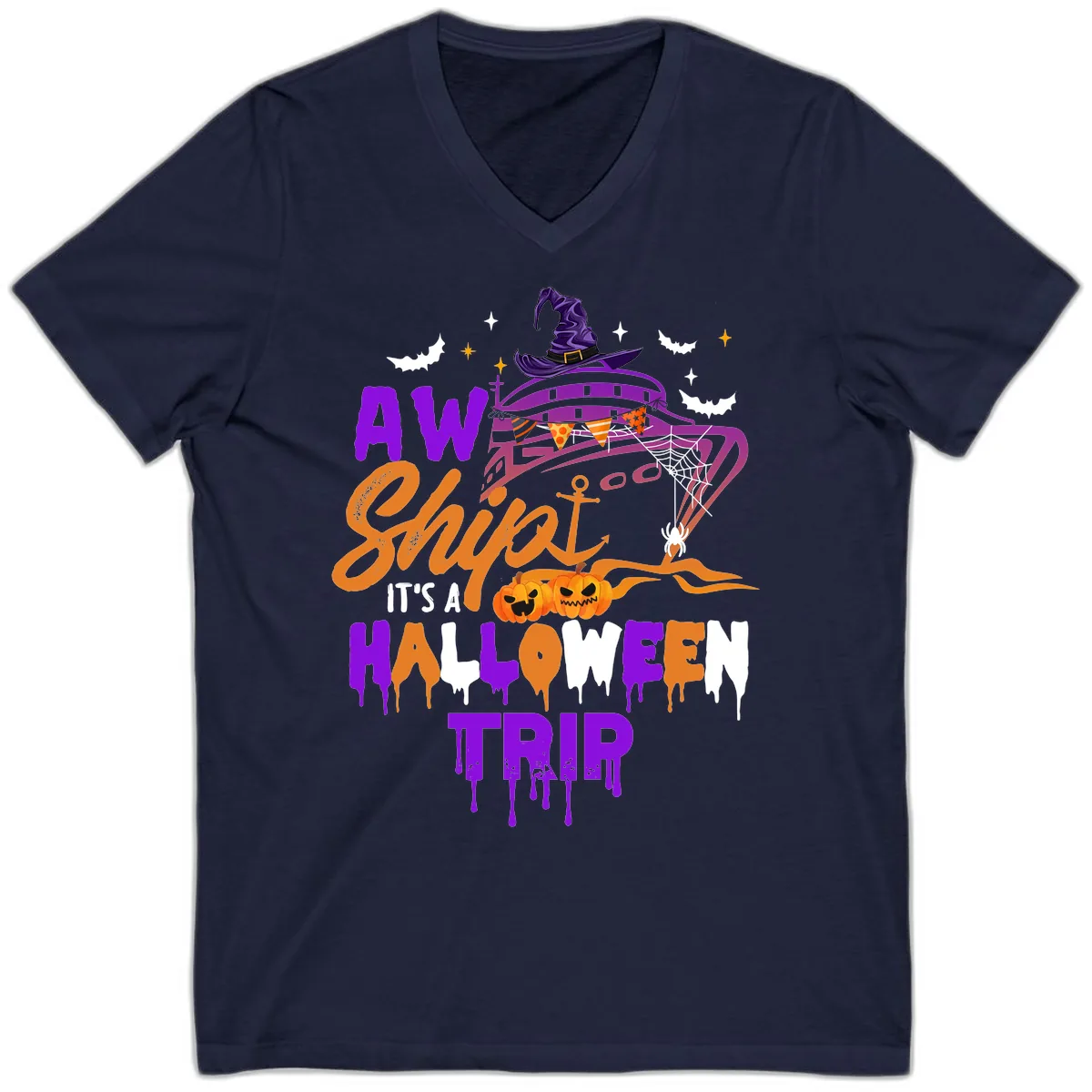 Aw Shiver Me Halloween Trip V-Neck in Navy